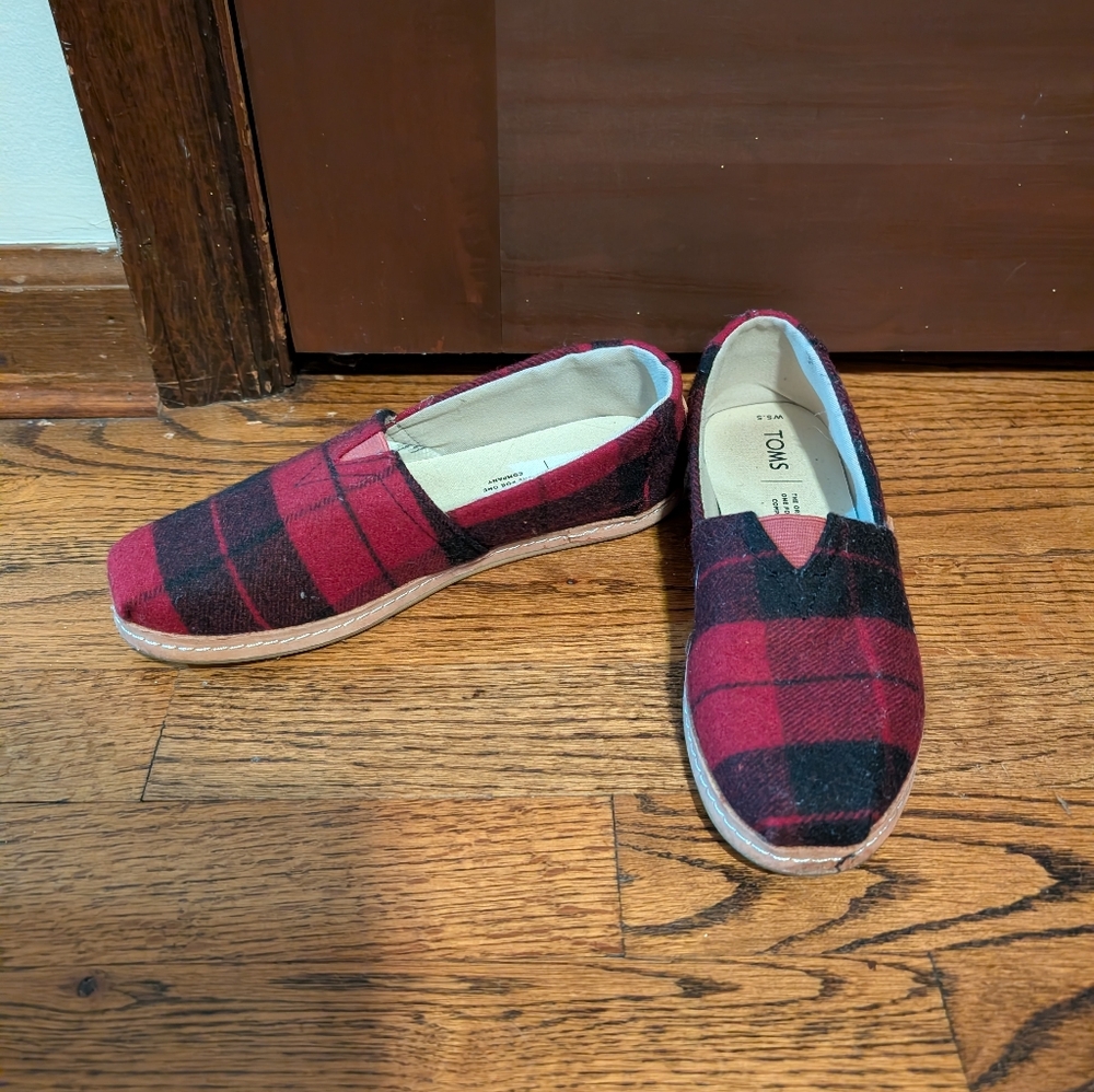 Toms Red and Black Plaid Slip-Ons